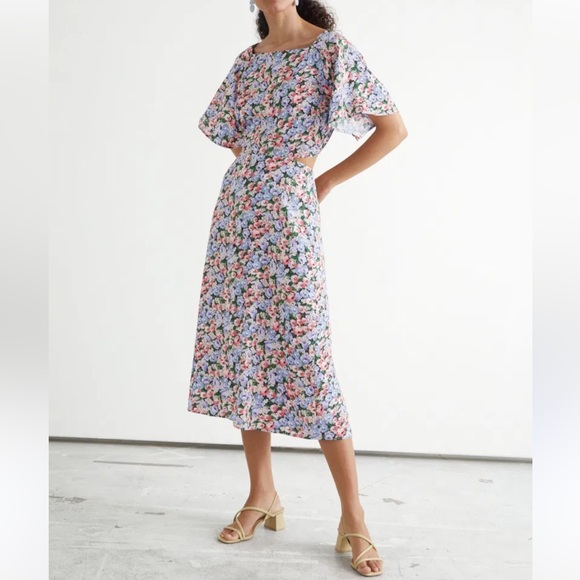 & Other Stories Floral Print Cut Out Flutter Sleeve Midi Dress - Picture 1 of 8